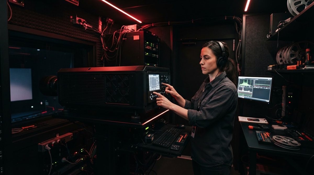 Cabina de proyección: la fuente láser 4K elimina el recambio de lámparas y sostiene el brillo en el tiempo.