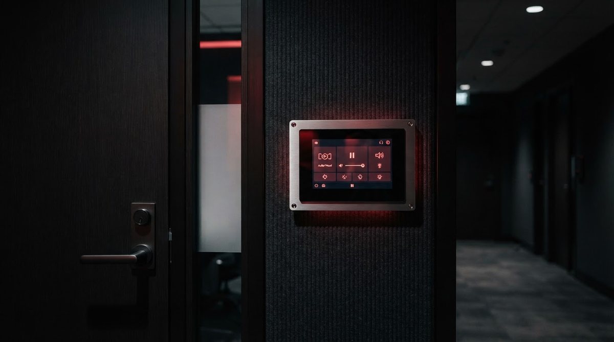 Un panel simple al lado de la puerta: todo lo complejo ocurre detrás.