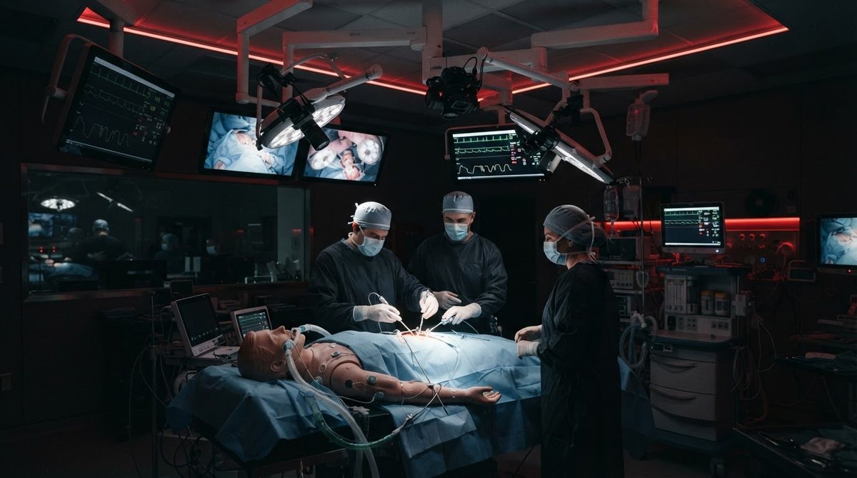 Escenario clínico simulado: varias cámaras y micrófonos registran el ejercicio completo.